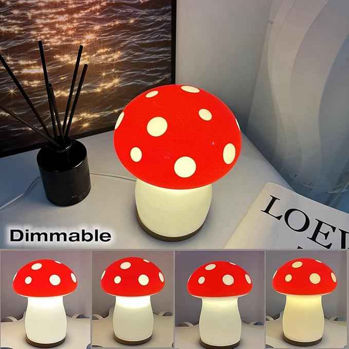 BECCOBEAT Mushroom lamp for Bedroom Night Light Glass Vintage Retro Funky Cute Lamp Small Lamps Bedrooms Bedside Bed Side Table Nightstand Desk Aesthetic Cottagecore 70s Room Decor (RED) (B01)