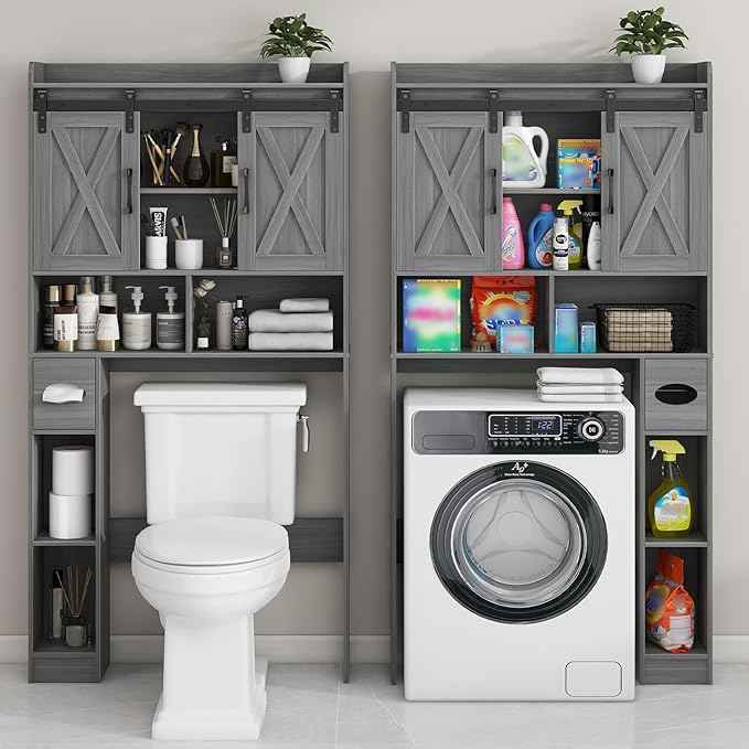Farmhouse Over The Toilet Storage Cabinet with Sliding Door & Toilet Paper Holder Stand, Space-Saving for Bathroom & Restroom, Wash Grey