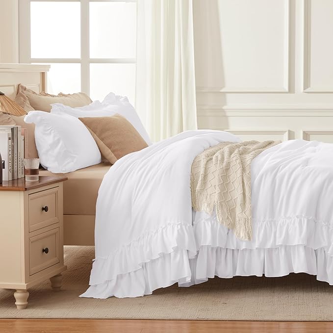 Andency White California King Comforter Set, 3 Pieces Lightweight Fluffy Farmhouse Shabby Chic Bedding Comforter Sets, Soft Microfiber All Season Cal King Bed Sets(104x96Inch)