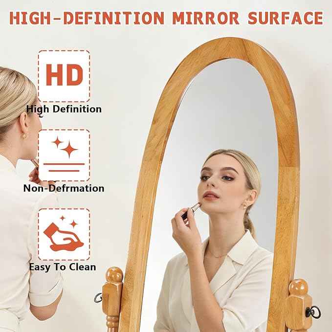 Full Length Mirror with Stand, Swivel Adjustable Oval Wood Cheval Floor Mirror, Dressing Cheval Mirror for Bedroom Livingroom, Interior Gift Idea (Oak)