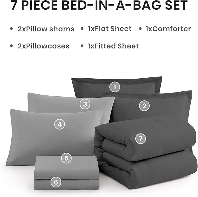 Monbix King Size Comforter Set, Dark Grey King Size Bed Set Reversible 7 Pieces, Cationic Dyeing Bed in a Bag with Comforter, Sheets, Pillowcases & Shams
