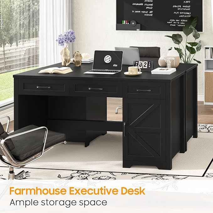 Vabches Farmhouse 55" Executive Desk,Computer Desk with 3 Drawers and Storage Cabinet,Home Office Desk for Work and Study. Pure Black