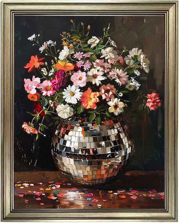 Disco Ball Wall Decor, Vintage Framed Colorful Moody Florals Wall Art, Maximalist Funky Flowers Bouquet Print Poster, Retro Eclectic Wall Art Painting