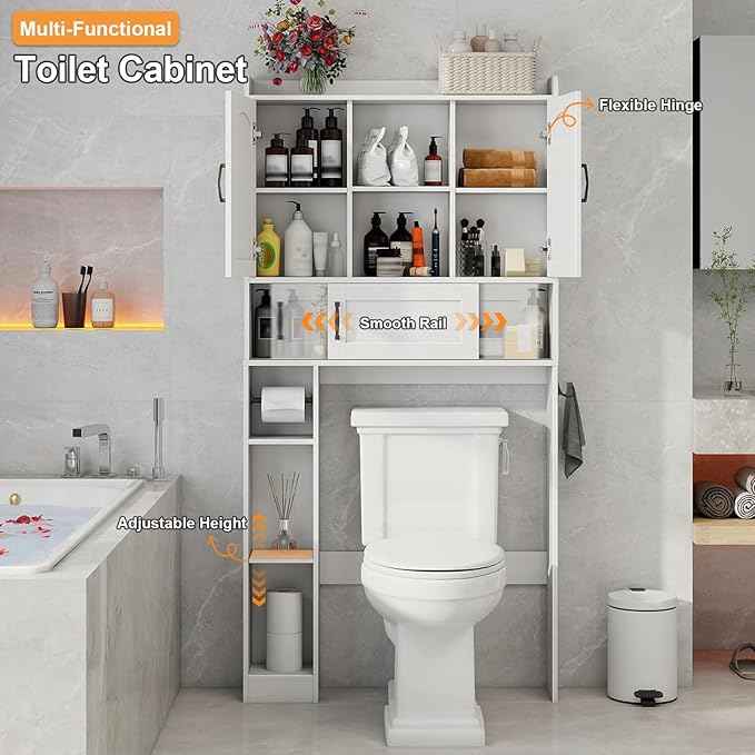 Vabches Farmhouse Over The Toilet Storage Cabinet with 2 Barn Doors & Sliding Door, Over The Toilet Bathroom Organizer with Open Storage Layer and Adjustable Shelves & Hooks.White