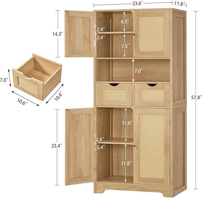 Iwell Tall Storage Cabinet with 2 Drawers & Adjustable Shelves, Rattan Cabinet, Kitchen Storage Cabinet, Pantry Cabinet with 4 Doors, Tall Cabinet for Living Room, Kitchen, Home Office, Natural