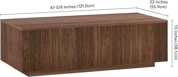 Henn&Hart 48" Fluted Rectangular Low-Profile Coffee Table with Ribbed Base for Living Room, Family Room, or Office, Medium Walnut
