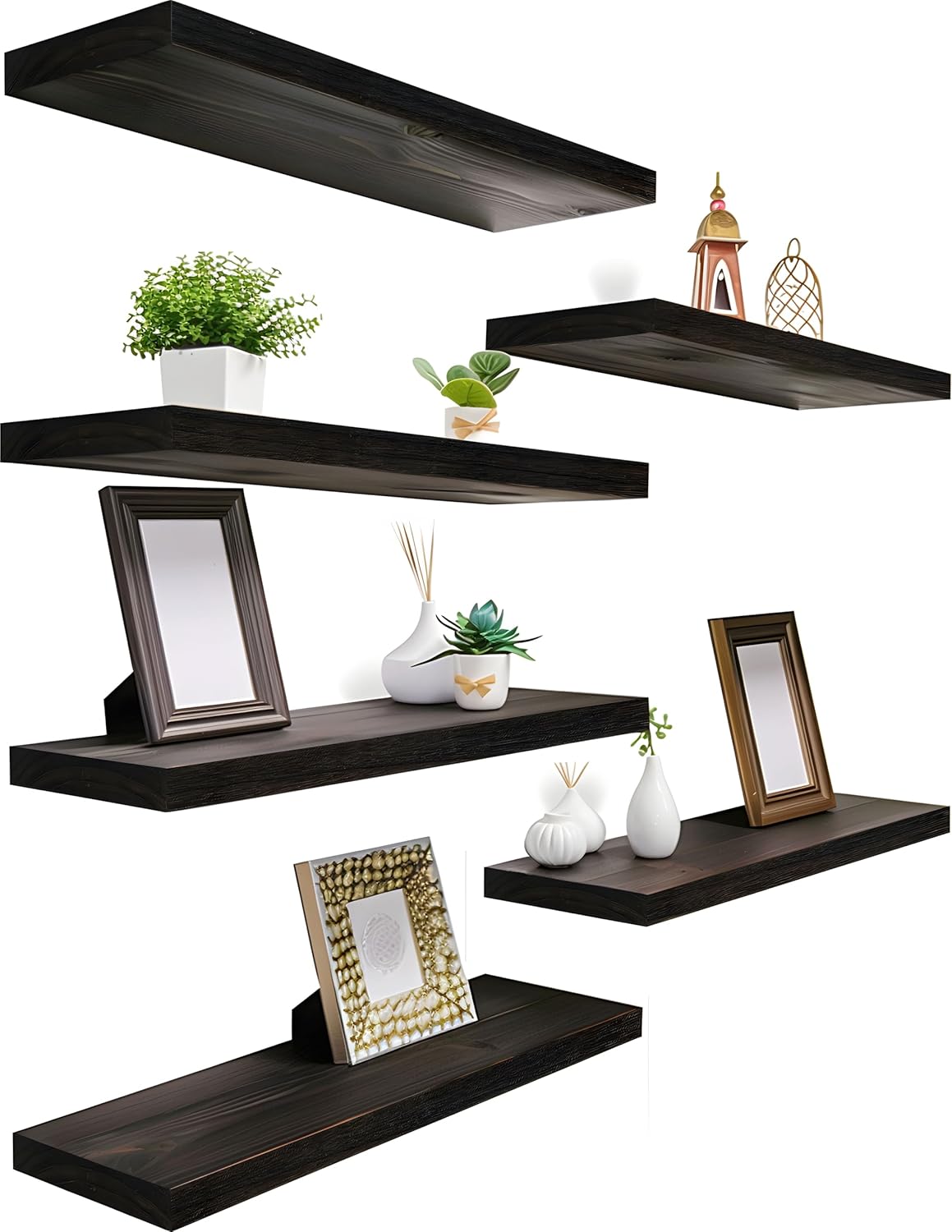 Wood Floating Shelves for Wall Decor, Rustic Wall Shelves for Bedroom Bathroom Kitchen Living Room, Set of 6 Walnut - Décor Diaries