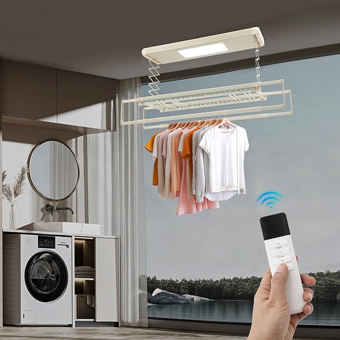 Electric Retractable Airing Rack Off-White Color, Ceiling Clothesline 77lbs Load, Ceiling Mounted Clothes Drying Rack 24W with Remote and Light for Laundry Balcony (Off-White Color)