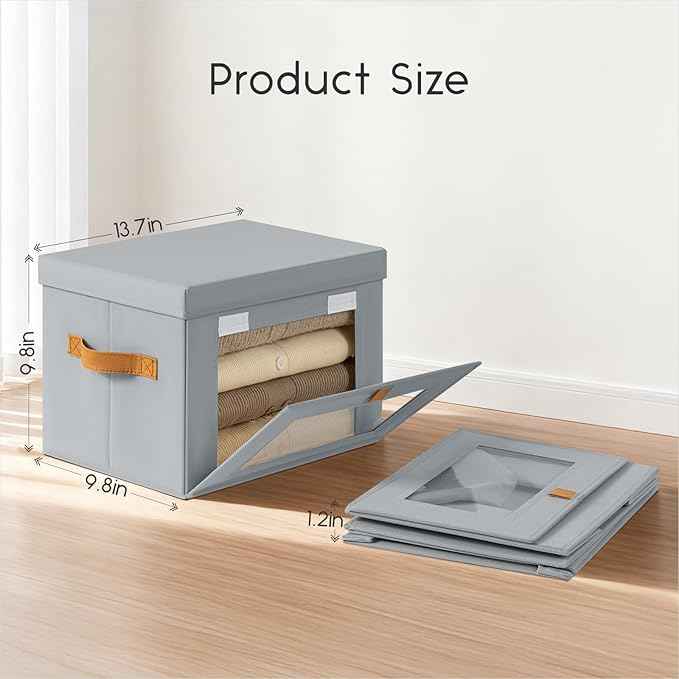 Small Fabric Storage bins - Collapsible Storage Bins with Open Window, 2 Pack Closet Baskets for Shelves, Stackable Decorative Boxes for Home, Dorm, Grey, 13.7"x 9.8" x 9.8"