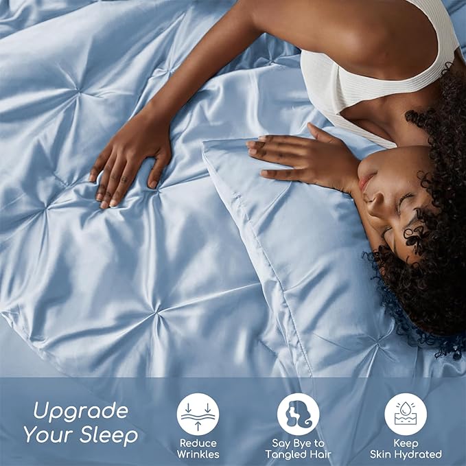MR&HM Satin Comforter Queen 7 Pieces - Luxurious Pinch Pleat Bedding Set with Comforter, Flat Sheet, Fitted Sheet, Pillowcases & Shams, Super Silky Soft Bed Set for All Season (Queen, Blue Haze)