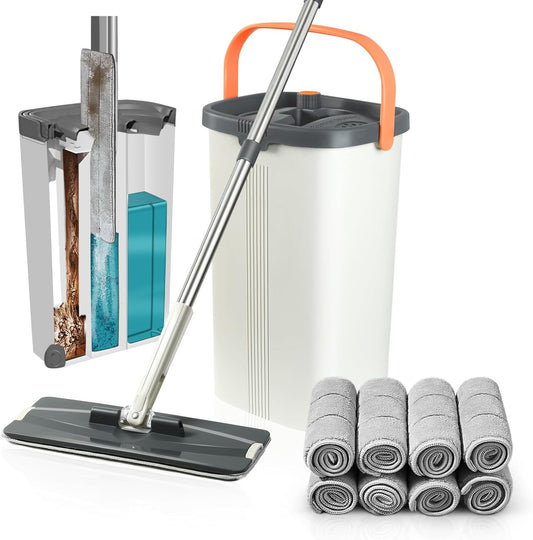 Jelymark Flat Mop and Bucket with Wringer Set, Separates Dirty and Clean Water, 3-Chamber Mop Wet and Dry Use, Not-Hands Squeeze Mops for Floor Cleaning, 8 Reusable Microfiber Mop Pads Included