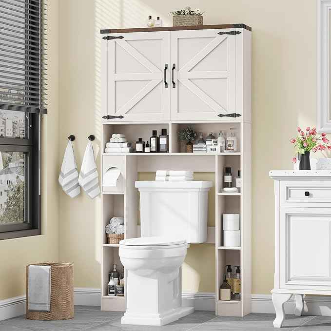 Over The Toilet Storage Cabinet, Farmhouse Storage Cabinet Over Toilet with 2 Barn Doors ，Toilet Paper Holder Stand，Home Space-Saving Toilet Rack, for Laundry, Restroom, Bathroom