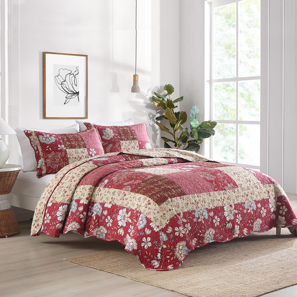 Cotton Bedspread Quilt Bedding Sets 3 Pieces Reversible Coverlet Sets Comforters Vintage Floral Patchwork Purple Red Bedspread, King Size