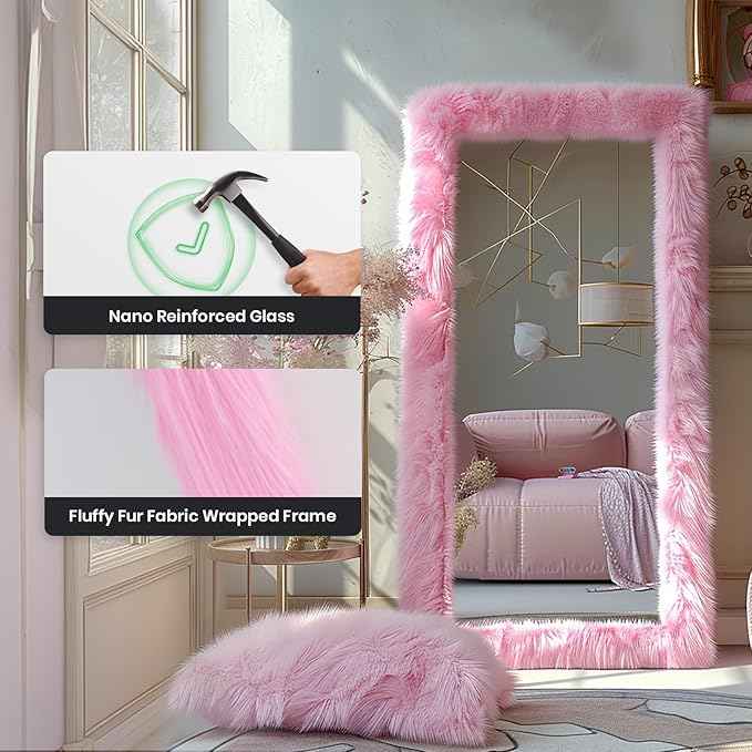Full Length Mirror Free Standing Furry Faux Fur Framed Full Body Floor Mirror Wall Mounted Leaning Hanging Wall for Bedroom Hallway Entrance, 63"x24", Pink