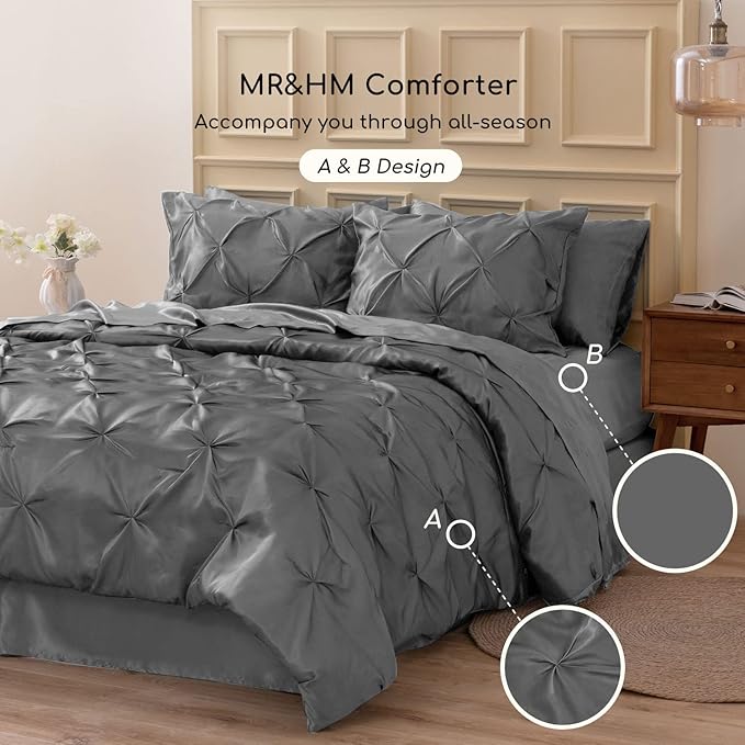 MR&HM Satin Comforter Full 7 Pieces - Luxurious Pinch Pleat Bedding Set with Comforter, Flat Sheet, Fitted Sheet, Pillowcases & Shams, Super Silky Soft Bed Set for All Season (Full, Dark Grey)