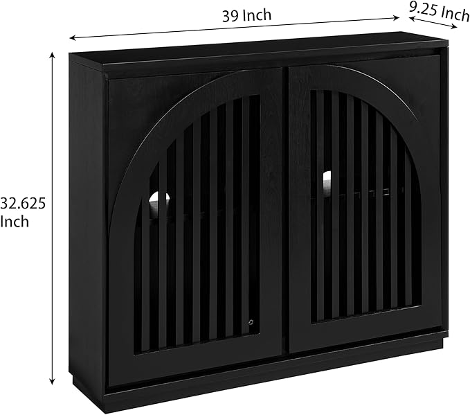 KEIKI 39" Mid Century Modern Fluted Sideboard Cabinet with Storage & Outlet Holes, Narrow Buffet Cabinet, Solid Wood + MDF, for Living Room, Entryway, Hallway, Kitchen, Coffee Bar, Black