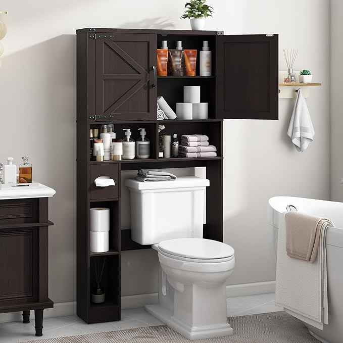 Vabches Over The Toilet Storage Cabinet, Farmhouse Storage Cabinet Over Toilet with 2 Barn Doors & Toilet Paper Holder Stand，Home Space-Saving Toilet Rack, for Laundry, Restroom, Bathroom.Walnut