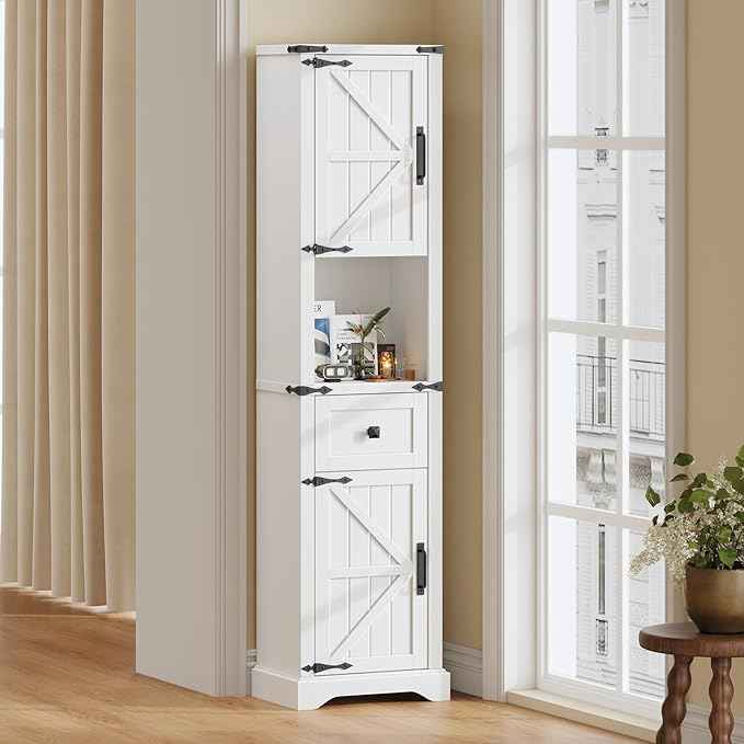 66" Tall Farmhouse Bathroom Storage Cabinet with Barn Doors and Drawer, Narrow Storage Unit, Adjustable Shelves & 5-Tier Space, Freestanding Cabinet for Bathroom, Living Room, Kitchen,Cream White