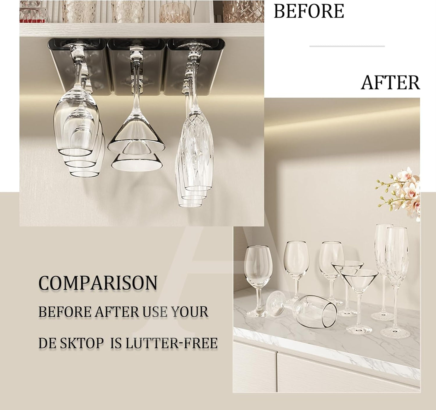 Wine Glass holder, 2Pack Wine Glass Rack, Punch-free Wine Glass Holder Under Cabinet, Stemware Rack for Kitchen and Bar (Grey)