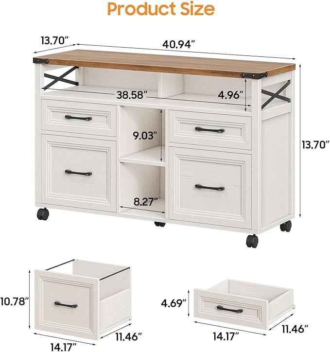 Vabches Farmhouse Filing Cabinet with Adjustable Shelf & Wheels, Lateral File Cabinets, Office Storage Cabinet with 4 Drawers and Open Storage Space, for Hanging Files Letter/A4, for Home Office