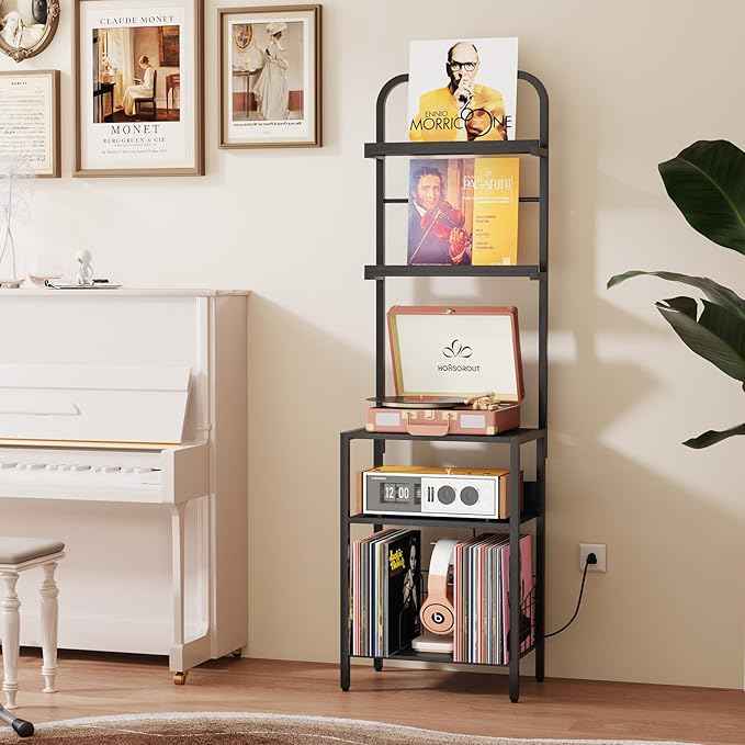 Record Player Stand with Vinyl Storage - 5-Tier Turntable Table with Power Outlet, Adjustable Feet, Metal & Wood Cabinet - Console Organizer Display Shelf for Living Room, Apartment