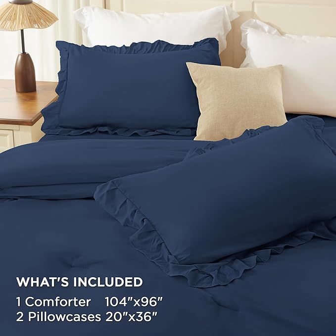 Andency Navy Blue California King Comforter Set (104x96Inch), 3 Pieces Farmhouse Shabby Chic Ruffle Bedding Comforter Sets, Lightweight Fluffy Soft Microfiber All Season Bed Set