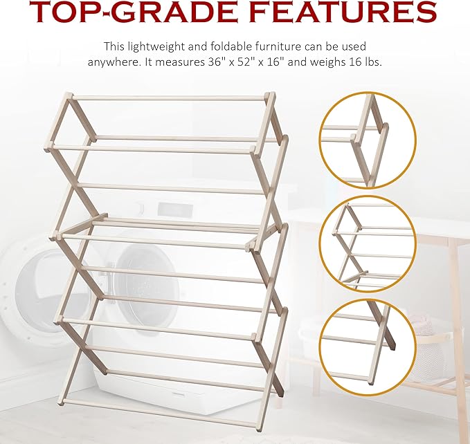 Peaceful Classics Wooden Laundry Rack - Amish Handmade Wooden Clothes Drying Rack - Foldable Drying Rack for Towel, Blanket, Linen Household Essentials - for Indoor Or Outdoor Use (52" x 36" x 16")