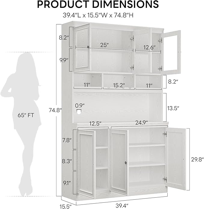 LIKIMIO 74.8" China Cabinet with Glass Doors, Tall Kitchen Pantry, Storage Cabinet with Microwave Stand, 4 Adjustable Shelves, Wine & Glass Station, Modern Display Cabinet for Home Living Room, White