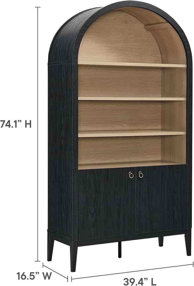 Modway Nolan Tall Arched Storage Display Cabinet in Black - 74 Inch Arch Bookshelf with Open and Closed Shelving - Modern Accent Cabinet for Living Room, Dining Room