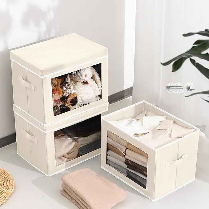 Storage Bins with Lids - Medium Storage Box with Lids, Foldable Closet Boxes for Organizing, Stackable Clothes Organizer with Window, Cubes Bins for Living Room, 5 Pack, Beige