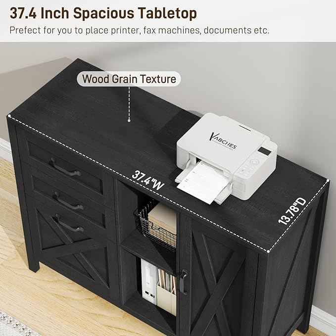 Vabches Lateral File Cabinet, Farmhouse 3 Drawer File Cabinet with Open Storage Shelf for Letter/Legal/A4 Size Hanging Files, Large Wood Storage Cabinets Printer Stand for Home Office, Black