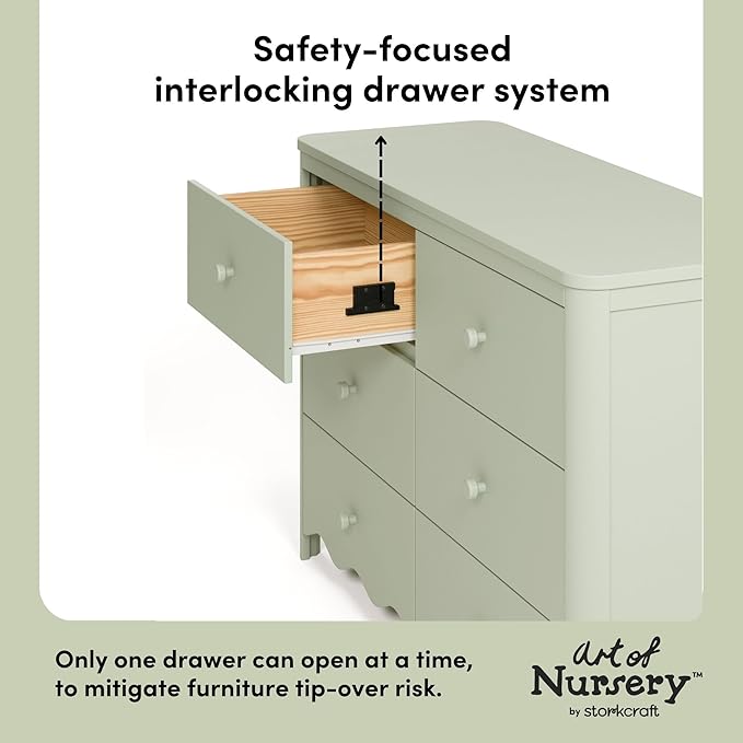 Storkcraft Casablanca 6 Drawer Dresser (Sage) – GREENGUARD Gold Certified, Nursery & Kids' Bedroom with Spacious Storage, Safety Interlocking Drawer System, Easy Assembly with Pre-Installed Tracks