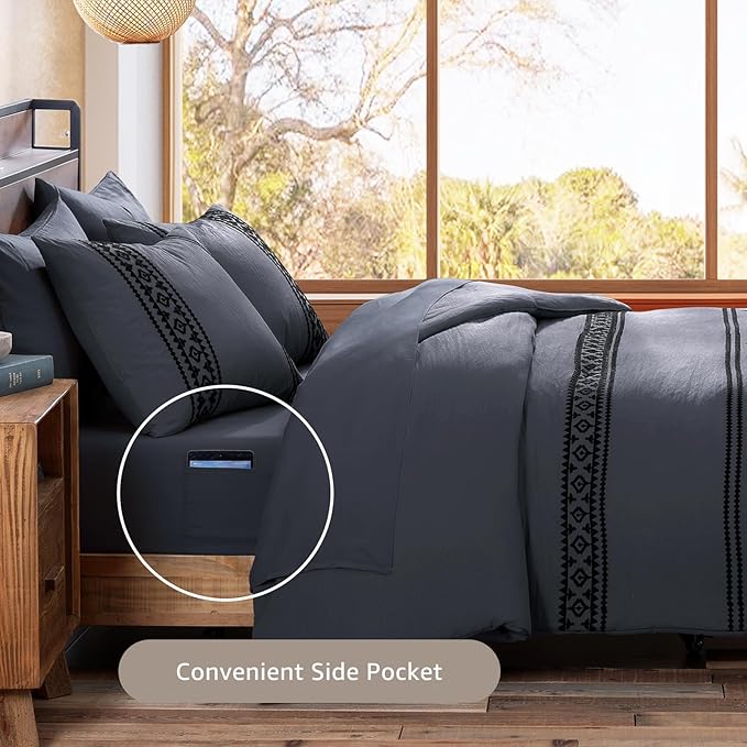 MaiRêve Embroidery Queen Size Comforter Set Crown Blue, Boho Farmhouse Western Bedding Set 7 Pieces, All Season Bed in A Bag Comforter Set with Sheets, Pillowcases & Shams