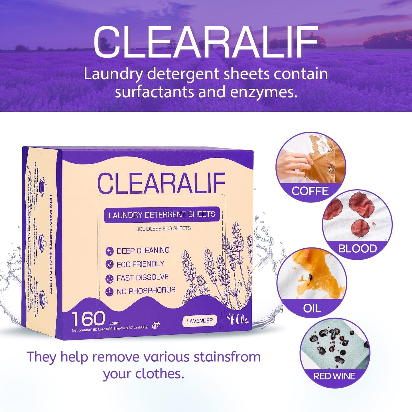 Laundry Detergent Sheets (160 Sheets), Lavender,Up to 320 Loads - Great For Travel,Apartments, Dorms,CLEARALIF Laundry Detergent Strips Eco Friendly & Hypoallergenic (80 Count, Pack of 2)