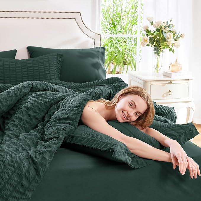CozyLux Twin Comforter Set with Sheets 5 Pieces, Forest Green Seersucker Textured Bed in a Bag, Luxury Soft Bedding Set with Down Alternative Comforter, Sheets, Pillowcases & Shams for All Seasons
