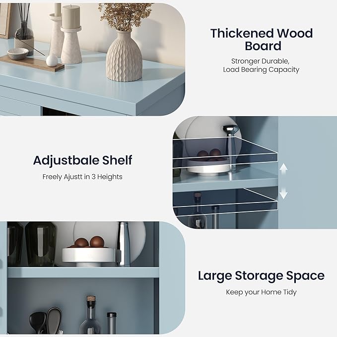 Buffet Cabinet with Storage, 55" Blue Kitchen Storage Cabinet with Shelves, Modern Farmhouse Coffee Bar Station for Dining Room, Kitchen Buffet, Slate Blue