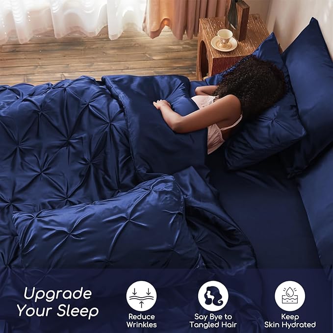 MR&HM Satin Comforter Twin XL 5 Pieces - Luxurious Pinch Pleat Bedding Set with Comforter, Flat Sheet, Fitted Sheet, Pillowcase & Sham, Super Silky Soft Bed Set for All Season (Twin XL, Navy Blue)