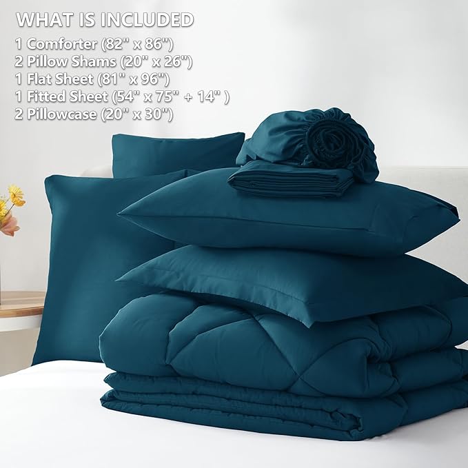 CozyLux Full Size Comforter Sets Lyons Blue - 7 Pieces Bed in a Bag Full, Luxury Soft Bed Set for All Seasons, Bedding Set with Down Alternative Comforter, Sheets, Pillowcases & Shams