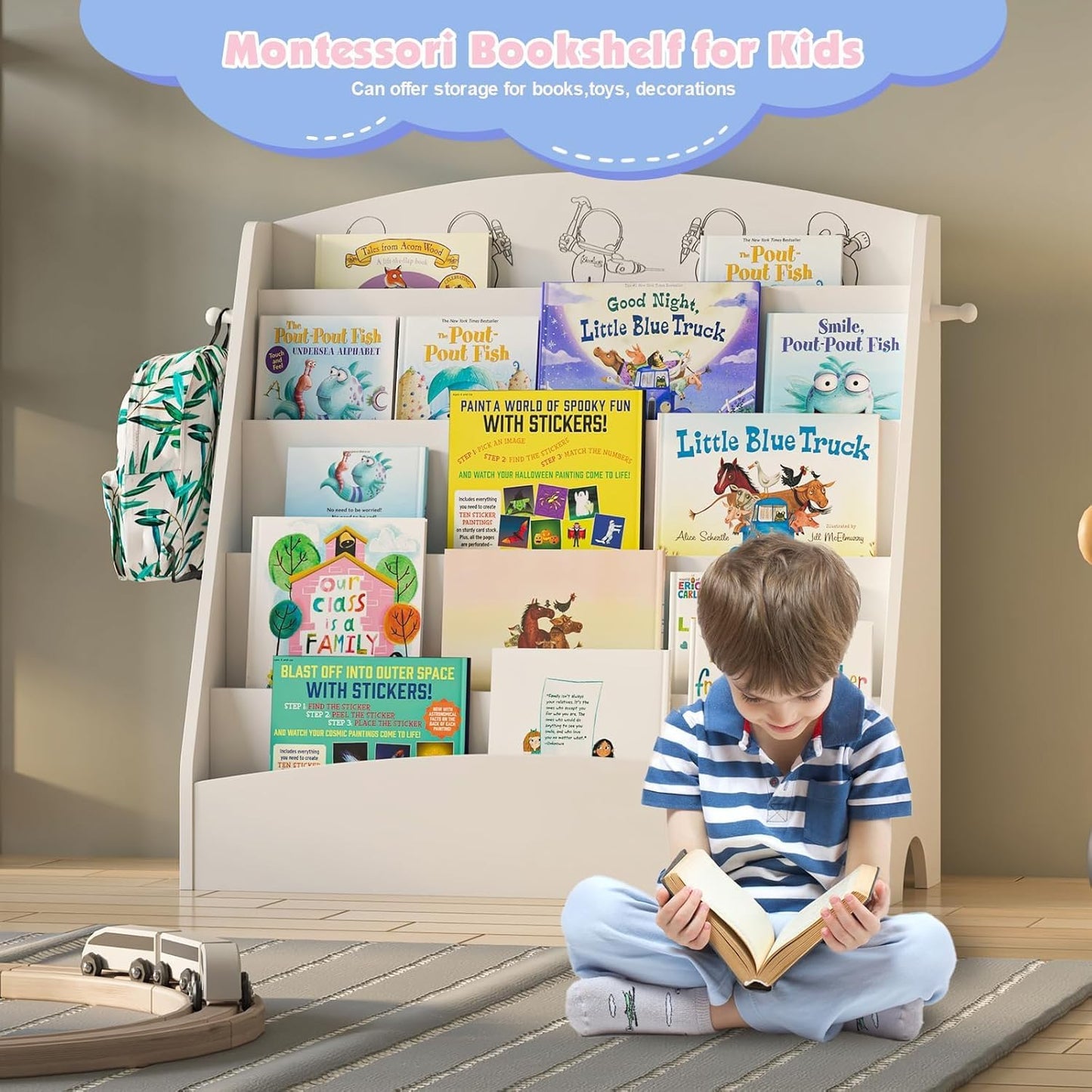 5-Tier Kids Bookshelf Montessori Toddler Book Rack Baby Bookcase Floor Front Facing Magazine Display Shelf for Bedroom Playroom Nursery Classroom Kindergarten Wood (White)