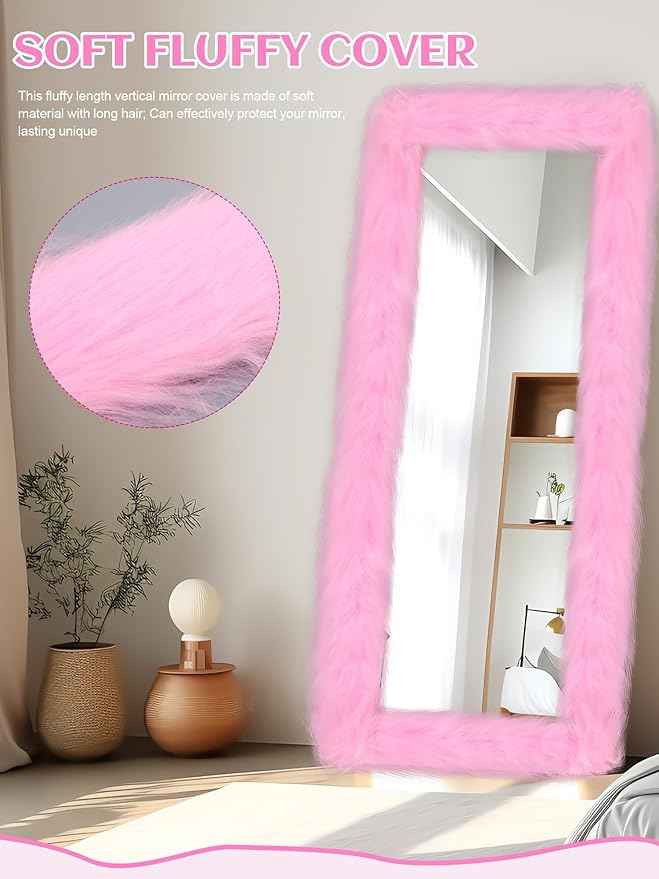 Geelin Full Length Mirror Cover 59 x 16 Inch Universal Ultra Soft Non Slip Design Fluffy Length Standing Mirrors Cover Decoration for Bedroom Cloakroom Women Gifts(Pink)