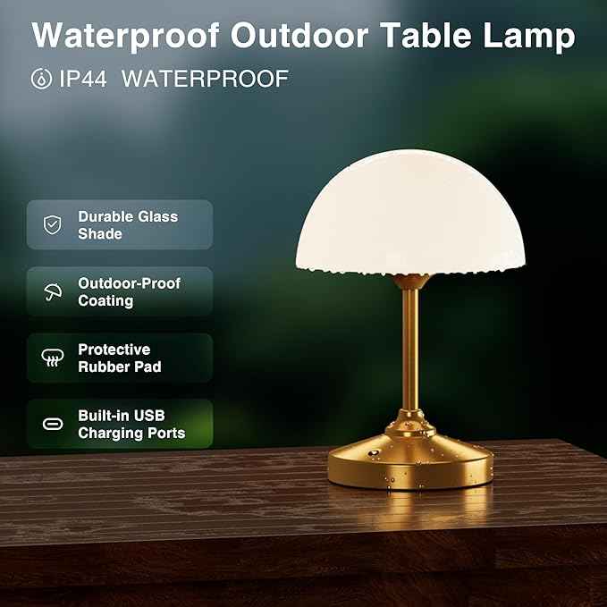 Mushroom Lamp Cordless Lamp Table Lamp,Outdoor Waterproof Shower Lamps,5000mAh Rechargeble Battery Operated Dimmable Touch Desk Lamps,LED Night Light for Bathroom Patio Camping Outdoor(Gold)