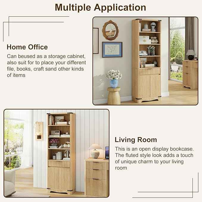 Fluted Bookcase with Doors and Drawer, Modern Farmhouse 70.47'' Tall Narrow Bookshelf with Storage, Wooden Floor Standing 6 Shelf Display Book Shelf Organizer for Home Office, Living Room, Oak