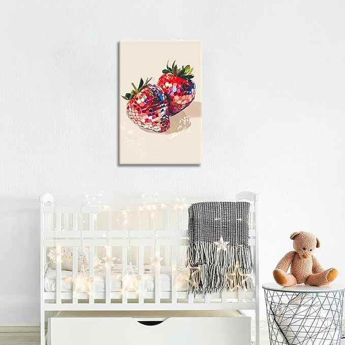 Funky Red Strawberry Disco Wall Art,Trendy Disco Ball Poster For Girls Room, Coquette Strawberries Picture Print, Art Fruit Poster For Home Bedroom Dorm wall Decor 16X24in Framed
