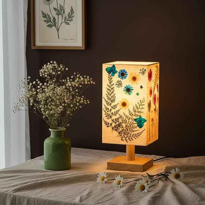 Hortsun Pressed Flower Lamp Vintage Table Small Lamp Cottagecore Decor Boho Night Light Decorative Rustic Night Light for Bedroom, Living Room or Office, Valentine Gift for Women(Rectangle)