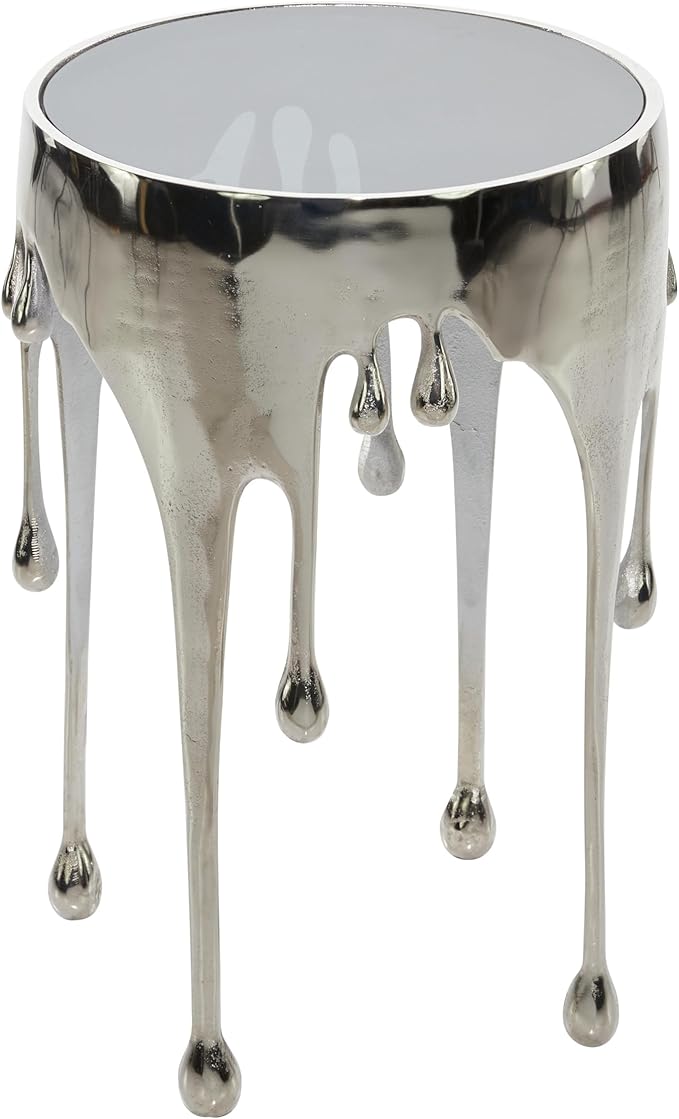 Deco 79 Aluminum Metal Side End Accent Table Drip End Table with Melting Design and Shaded Glass Top, Side Table 16" x 16" x 25", Silver