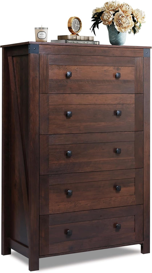 WLIVE Farmhouse Brown Dresser for Bedroom, 5 Drawer Dresser Storage Organizer, Tall Wood Dressers with Double Rustic Handle, Chest of Drawers for Living Room, Hallway, Closet