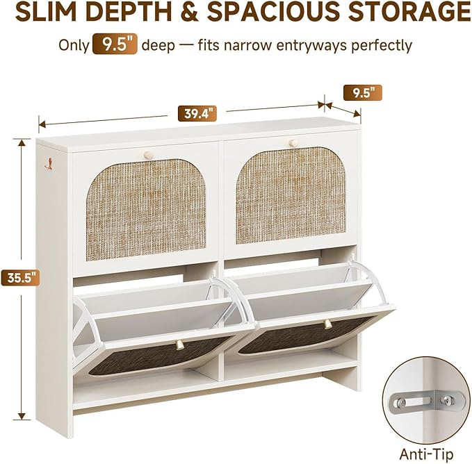 Nicetree Freestanding Ultra Slim Arched Rattan Accent Shoe Storage Cabinet for Entryway - 4 Flip Drawers & 3-Tier Adjustable Shelves, Farmhouse Modern Rustic Shoe Rack for Hallway Foyer,Cloud White