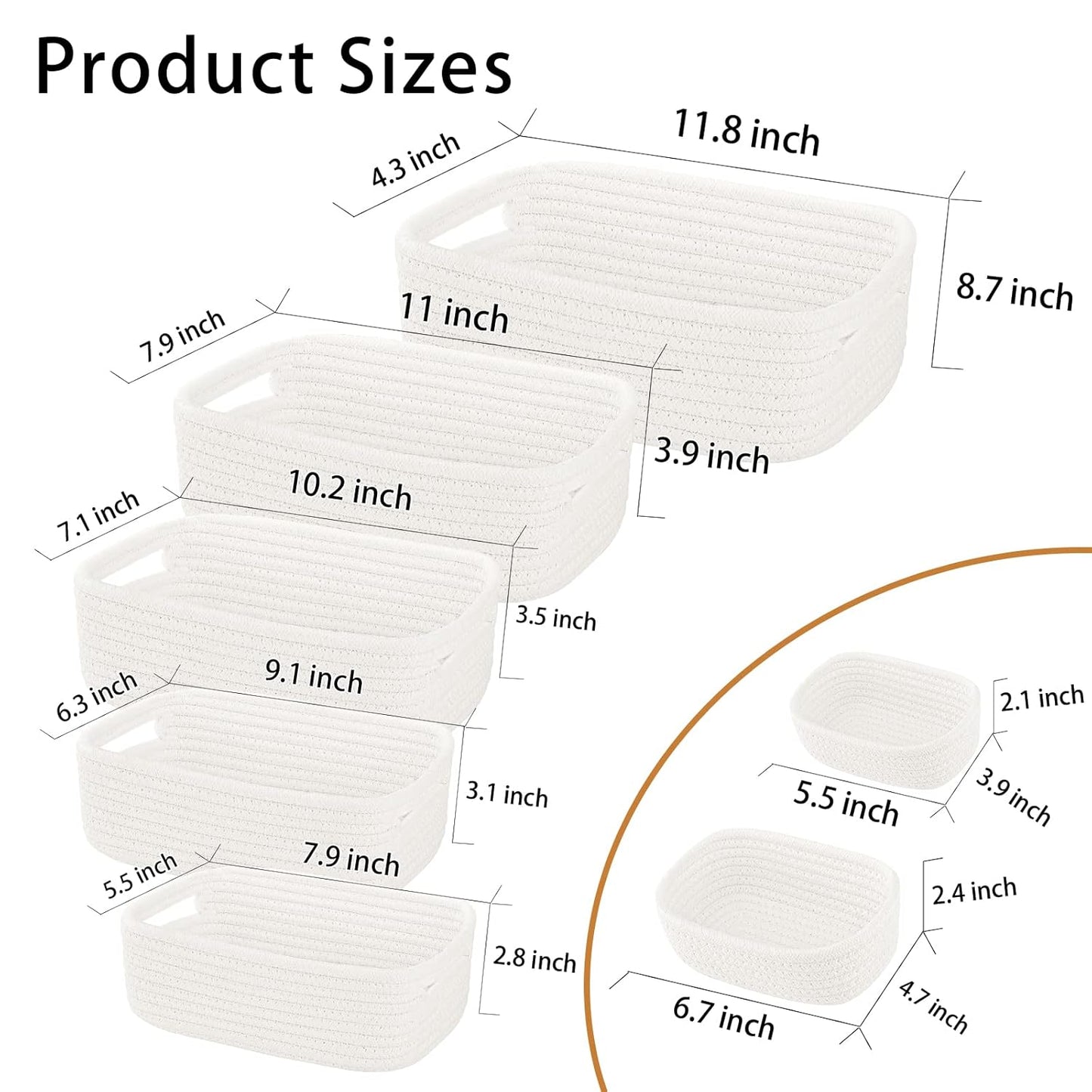 7 Piece Cotton Rope Woven Basket Set - Small Basket for Baby Nursery, Pets, Montessori, Dog & Cat Toy Boxes, Bathroom Organization Bins (White)