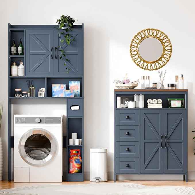 Vabches Farmhouse Storage Cabinet with 2 Doors and 4 Drawers, Freestanding Bathroom Compartment Kitchen Pantry Cabinet, Floor Cupboard for Kitchen/Living Room/Bathroom,Blue