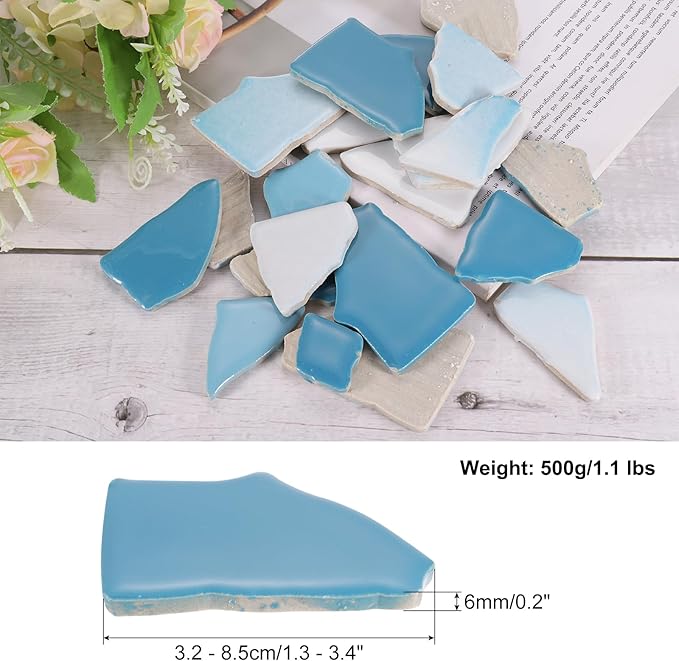 uxcell 500g/1.1LB Irregular Ceramics Mosaic Tiles, 3.2-8.5 cm Bulk Stained Ceramic Mosaic Pieces Stones Mosaic Kits for DIY Art Craft Projects Home Decor, Mixed Light Blue
